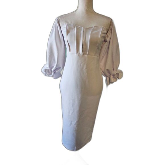 Memoriesea Off Shoulder Bodycon Lantern Sleeve Front Hook Midi Party Dress Sz M - Picture 4 of 7